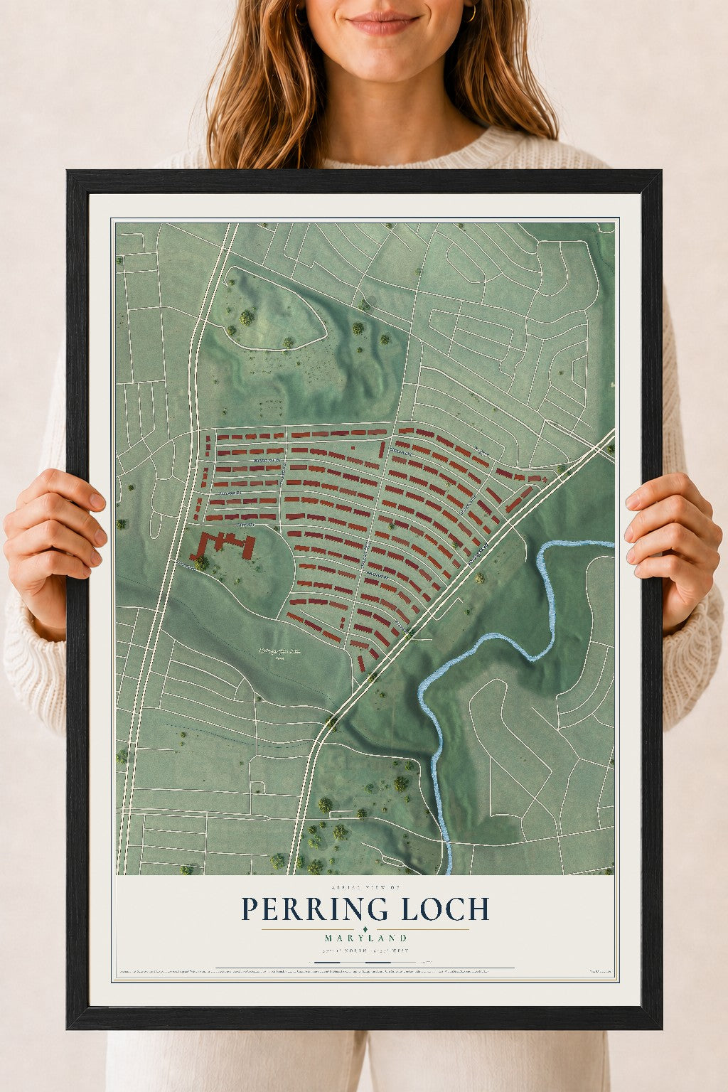 Map of Perring Loch, Maryland, 18 x 24 inch print in a black wood frame