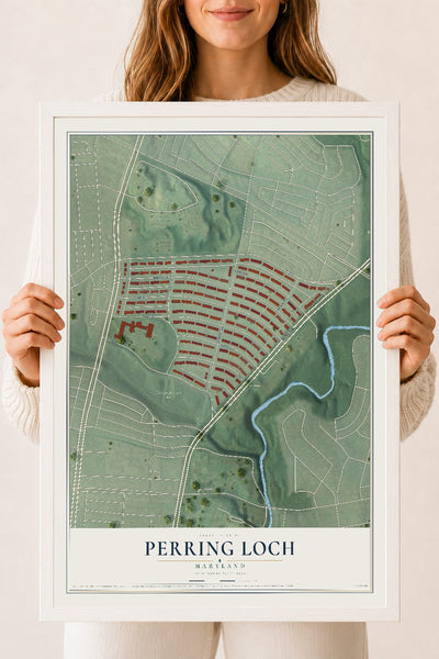 Map of Perring Loch, Maryland, 18 x 24 inch print in a white wood frame