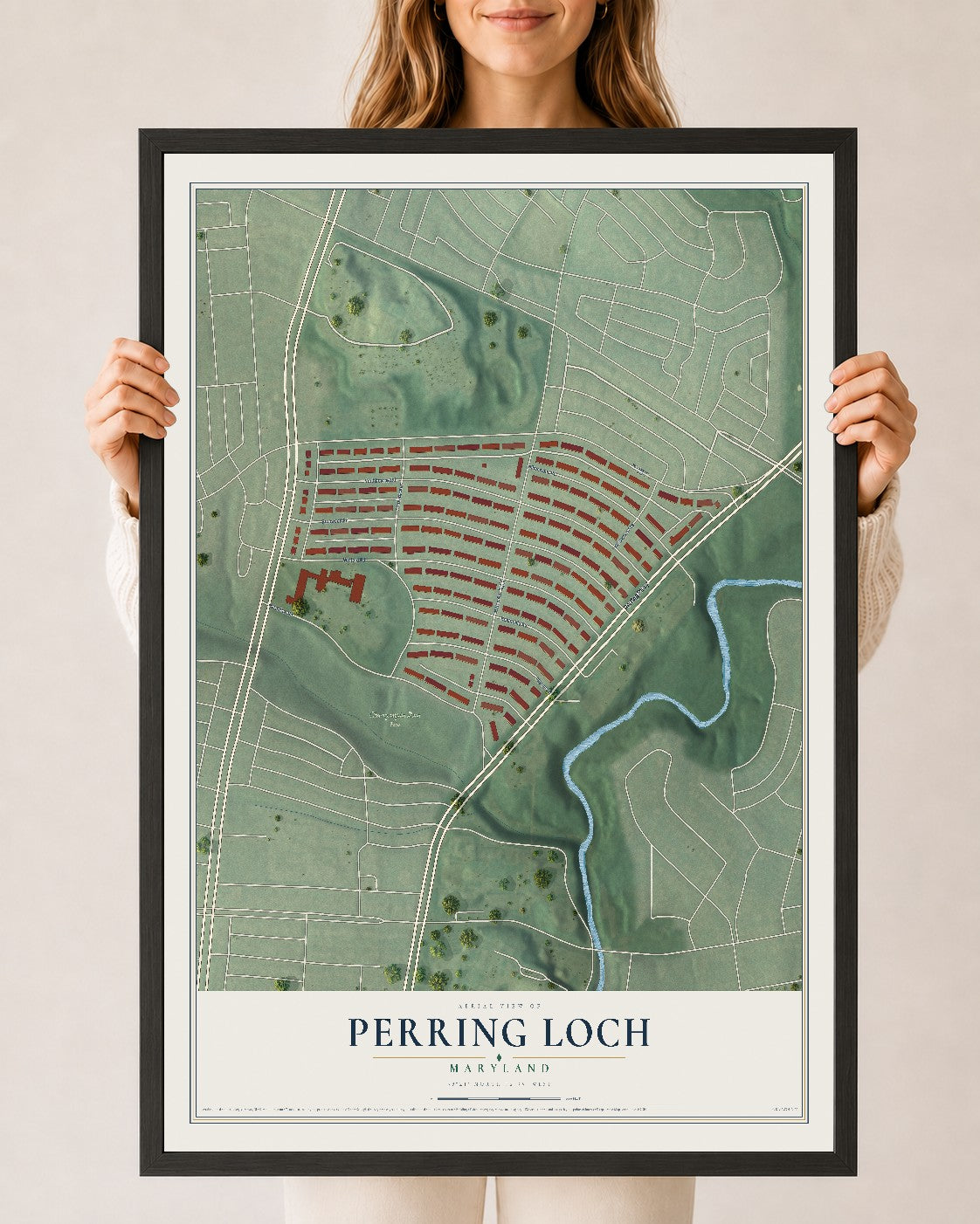 Map of Perring Loch, Maryland, 24 x 36 inch print in a black wood frame
