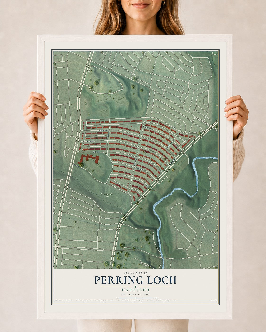 Map of Perring Loch, Maryland, 24 x 36 inch print in a white wood frame
