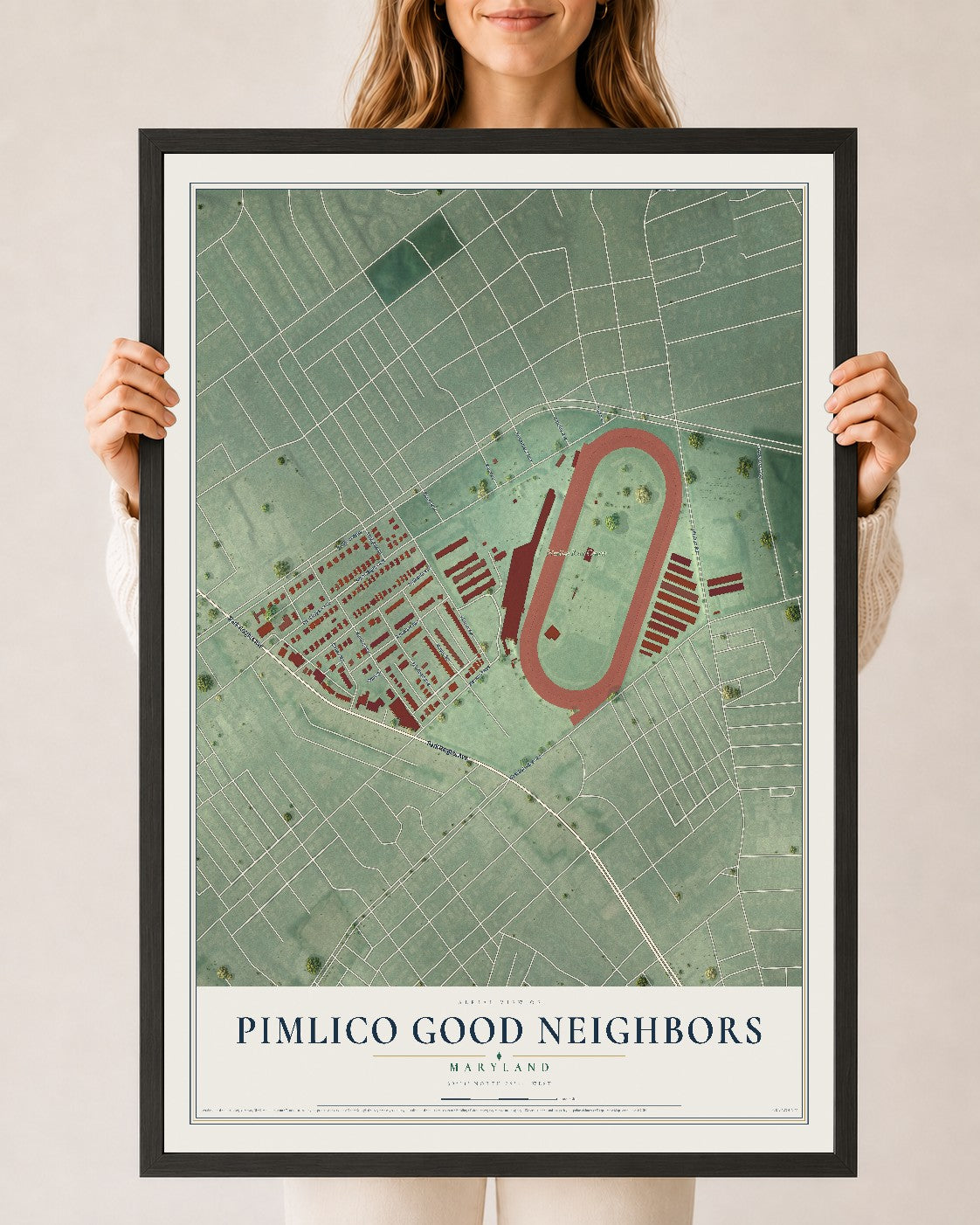 Map of Pimlico Good Neighbors, Maryland, 24 x 36 inch print in a black wood frame