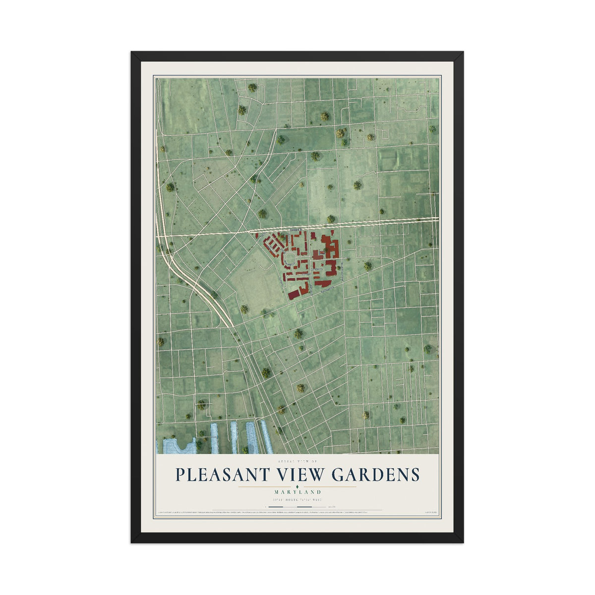 Map of Pleasant View Gardens, Maryland, 12 x 18 inch print in a black wood frame