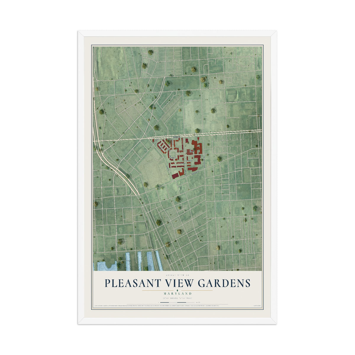 Map of Pleasant View Gardens, Maryland, 12 x 18 inch print in a white wood frame