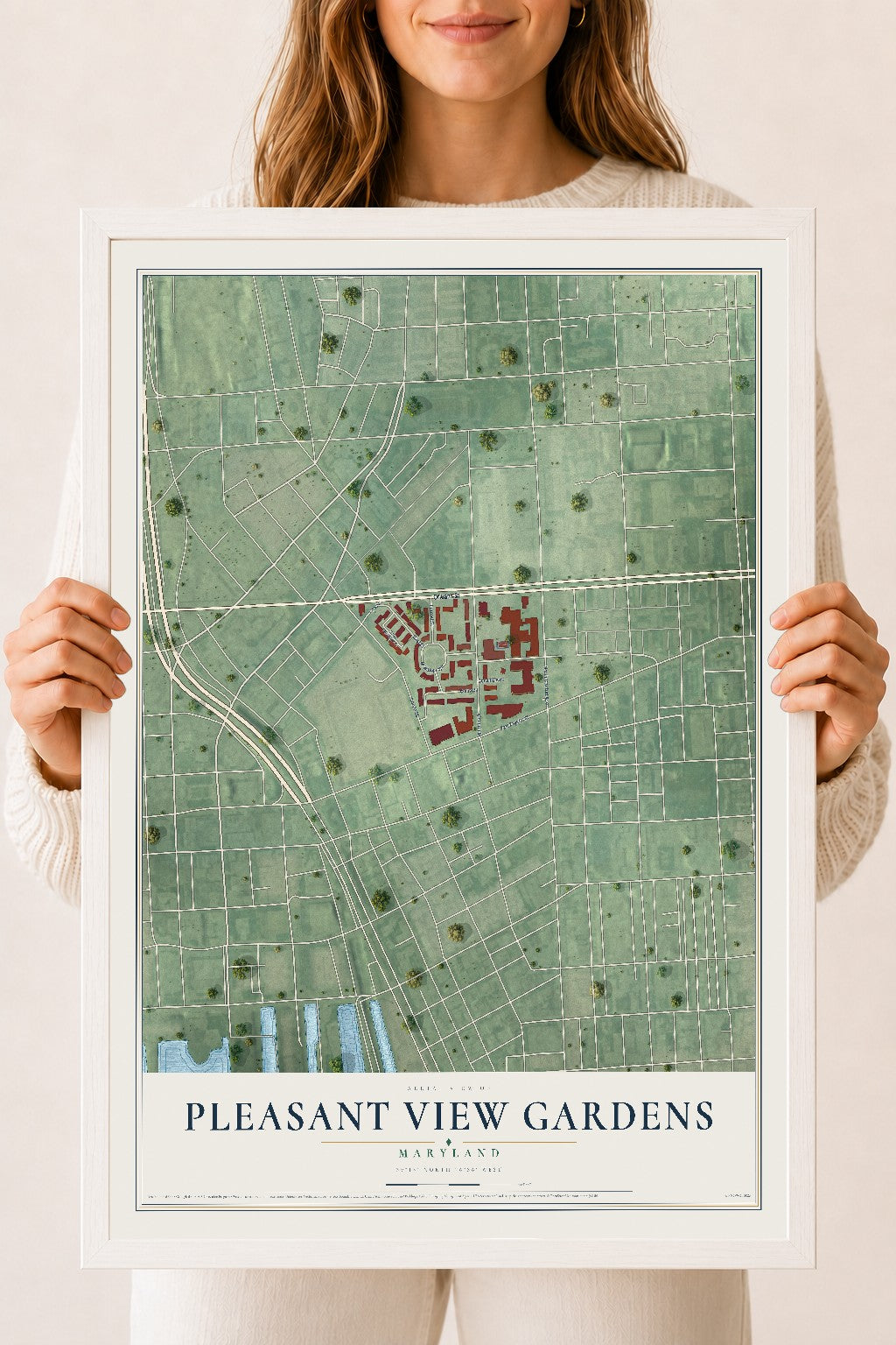 Map of Pleasant View Gardens, Maryland, 18 x 24 inch print in a white wood frame