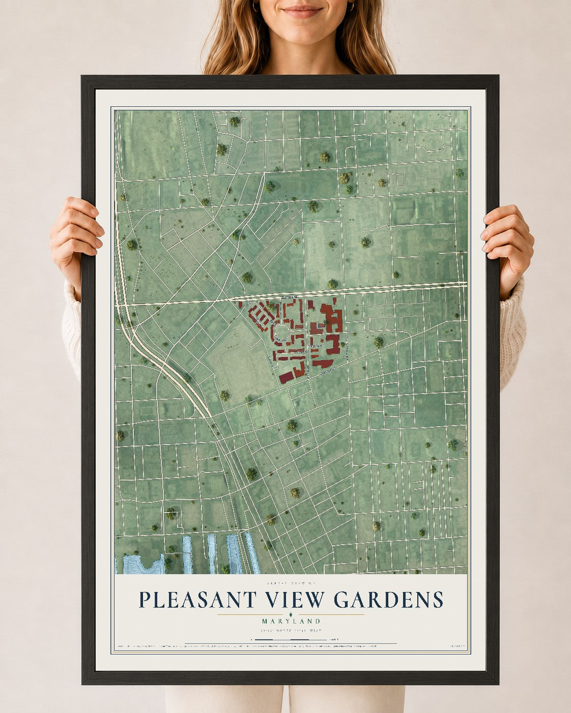 Map of Pleasant View Gardens, Maryland, 24 x 36 inch print in a black wood frame