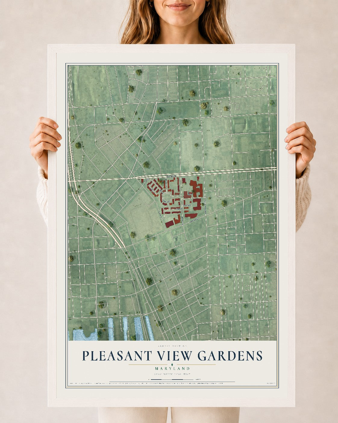 Map of Pleasant View Gardens, Maryland, 24 x 36 inch print in a white wood frame