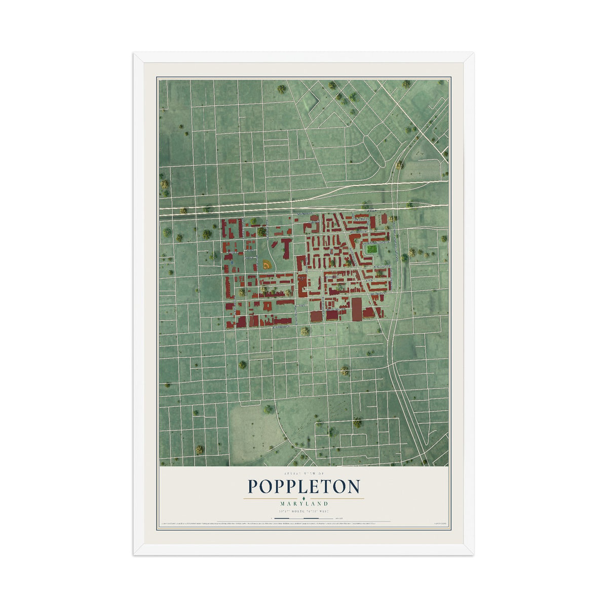 Map of Poppleton, Maryland, 12 x 18 inch print in a white wood frame