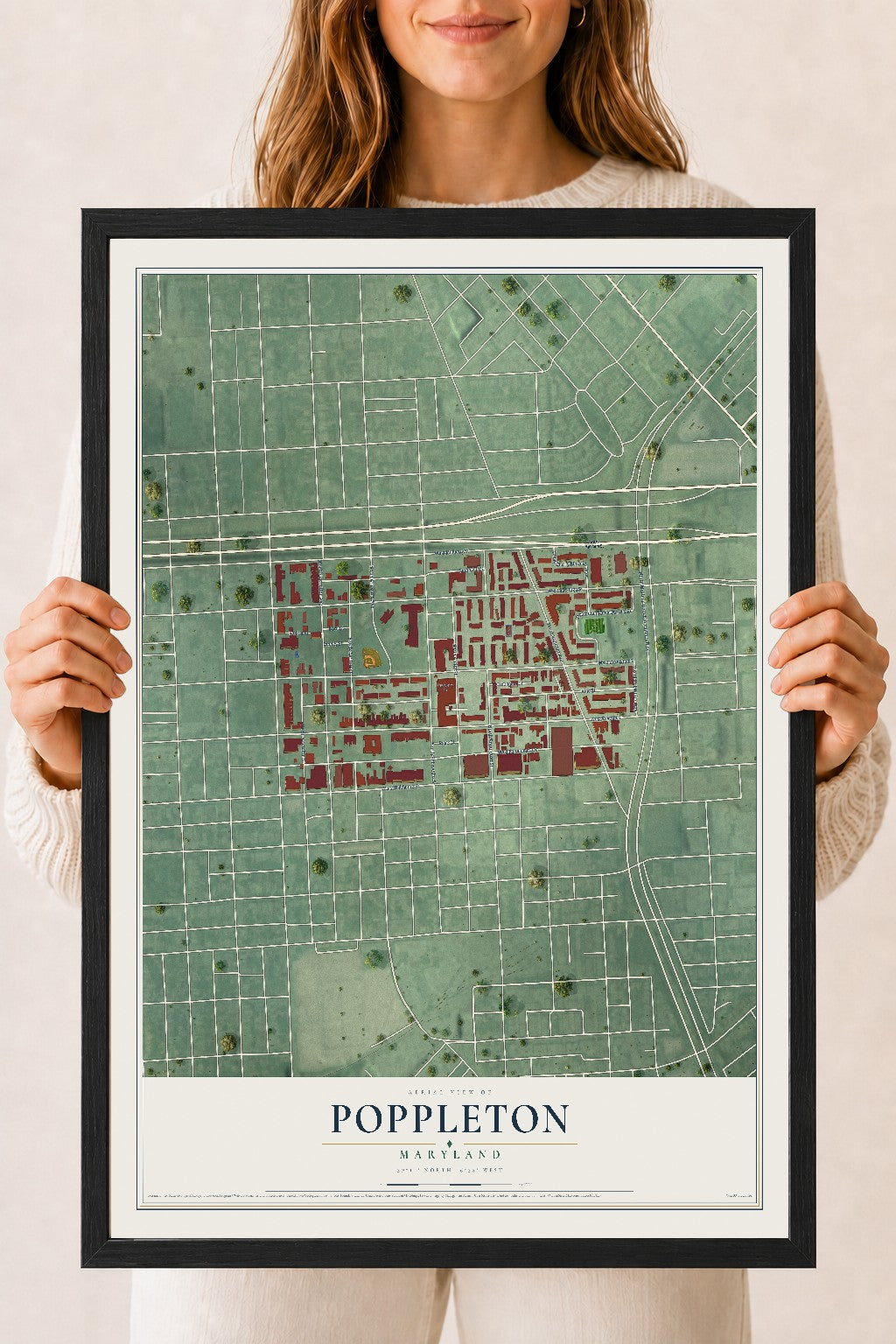 Map of Poppleton, Maryland, 18 x 24 inch print in a black wood frame