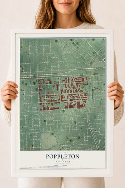 Map of Poppleton, Maryland, 18 x 24 inch print in a white wood frame