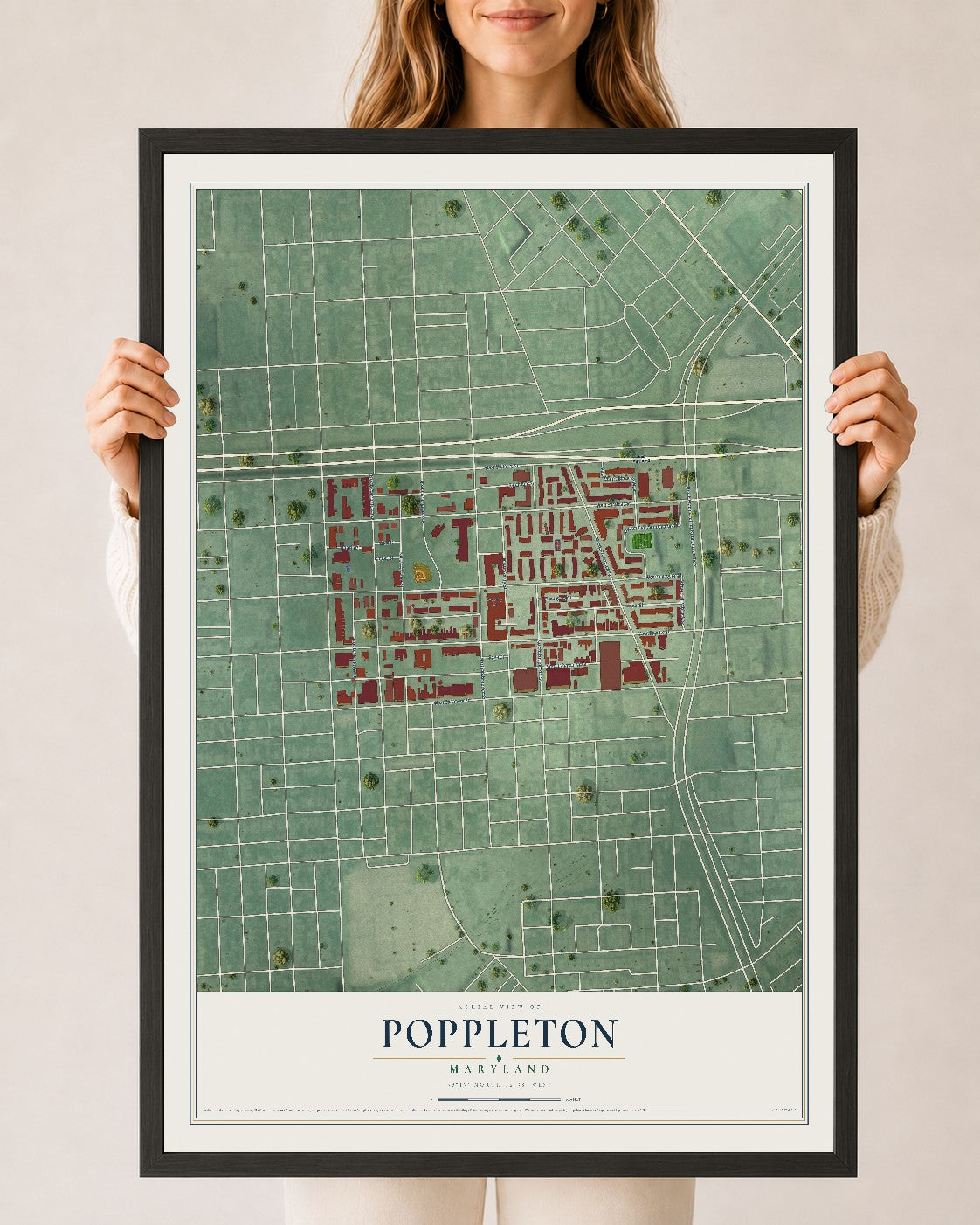 Map of Poppleton, Maryland, 24 x 36 inch print in a black wood frame