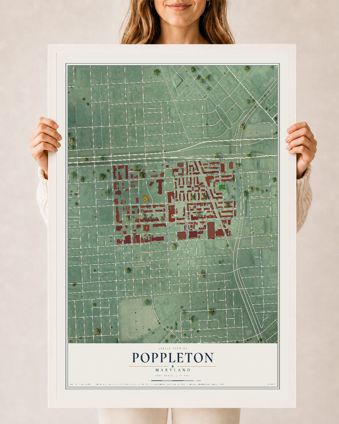 Map of Poppleton, Maryland, 24 x 36 inch print in a white wood frame