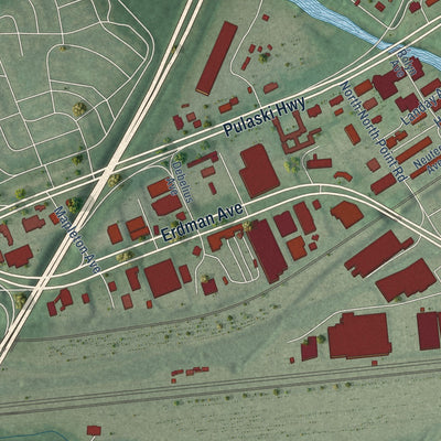 Second close-up of the map of Pulaski Industrial Area, Maryland print showing more streets and buildings