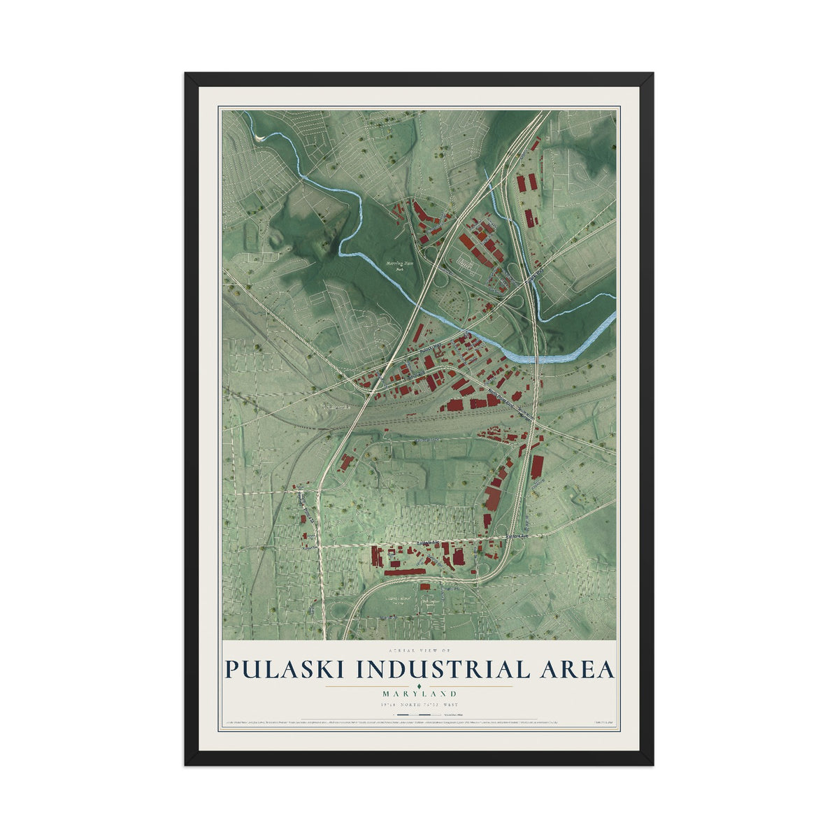 Map of Pulaski Industrial Area, Maryland, 12 x 18 inch print in a black wood frame