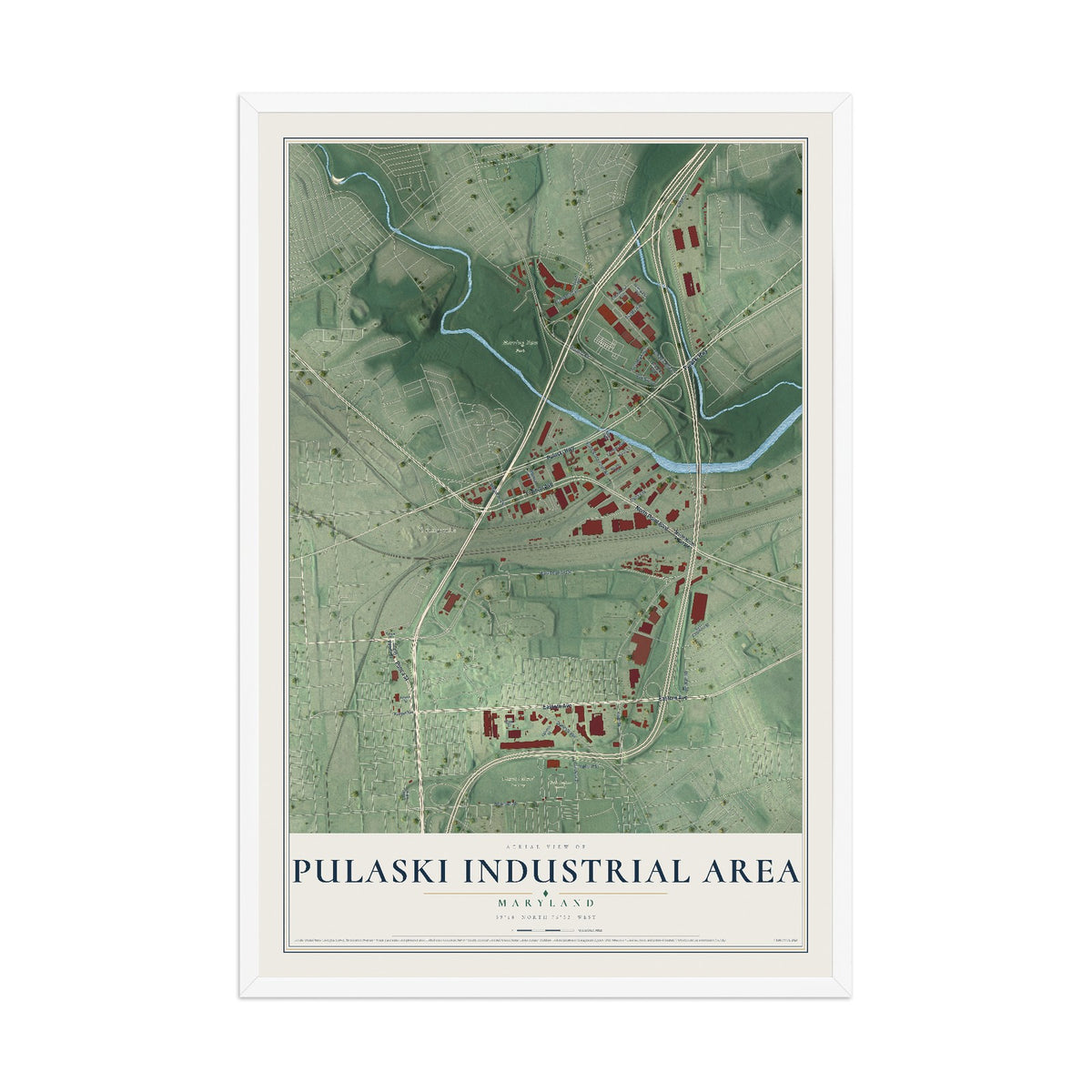 Map of Pulaski Industrial Area, Maryland, 12 x 18 inch print in a white wood frame