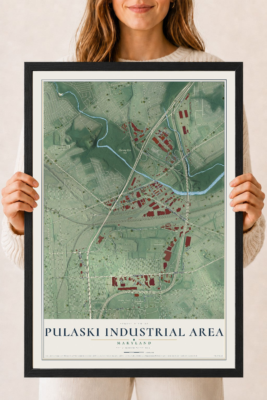 Map of Pulaski Industrial Area, Maryland, 18 x 24 inch print in a black wood frame