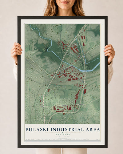 Map of Pulaski Industrial Area, Maryland, 24 x 36 inch print in a black wood frame