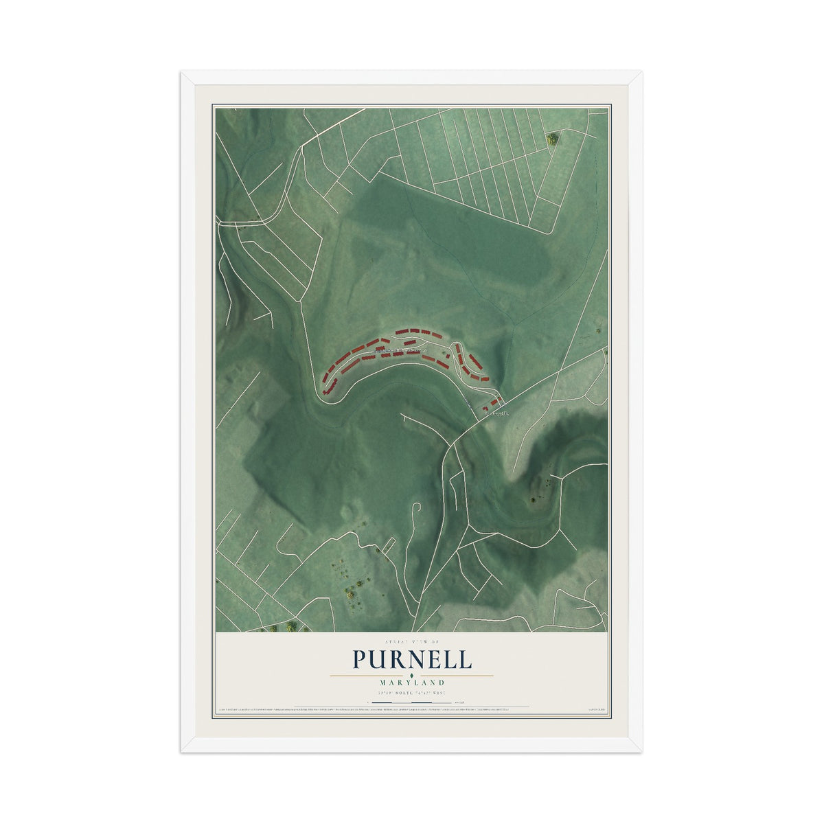 Map of Purnell, Maryland, 12 x 18 inch print in a white wood frame