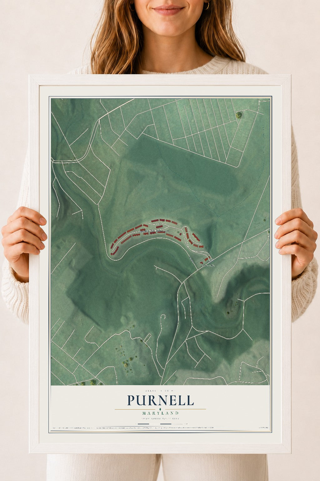 Map of Purnell, Maryland, 18 x 24 inch print in a white wood frame