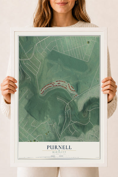 Map of Purnell, Maryland, 18 x 24 inch print in a white wood frame