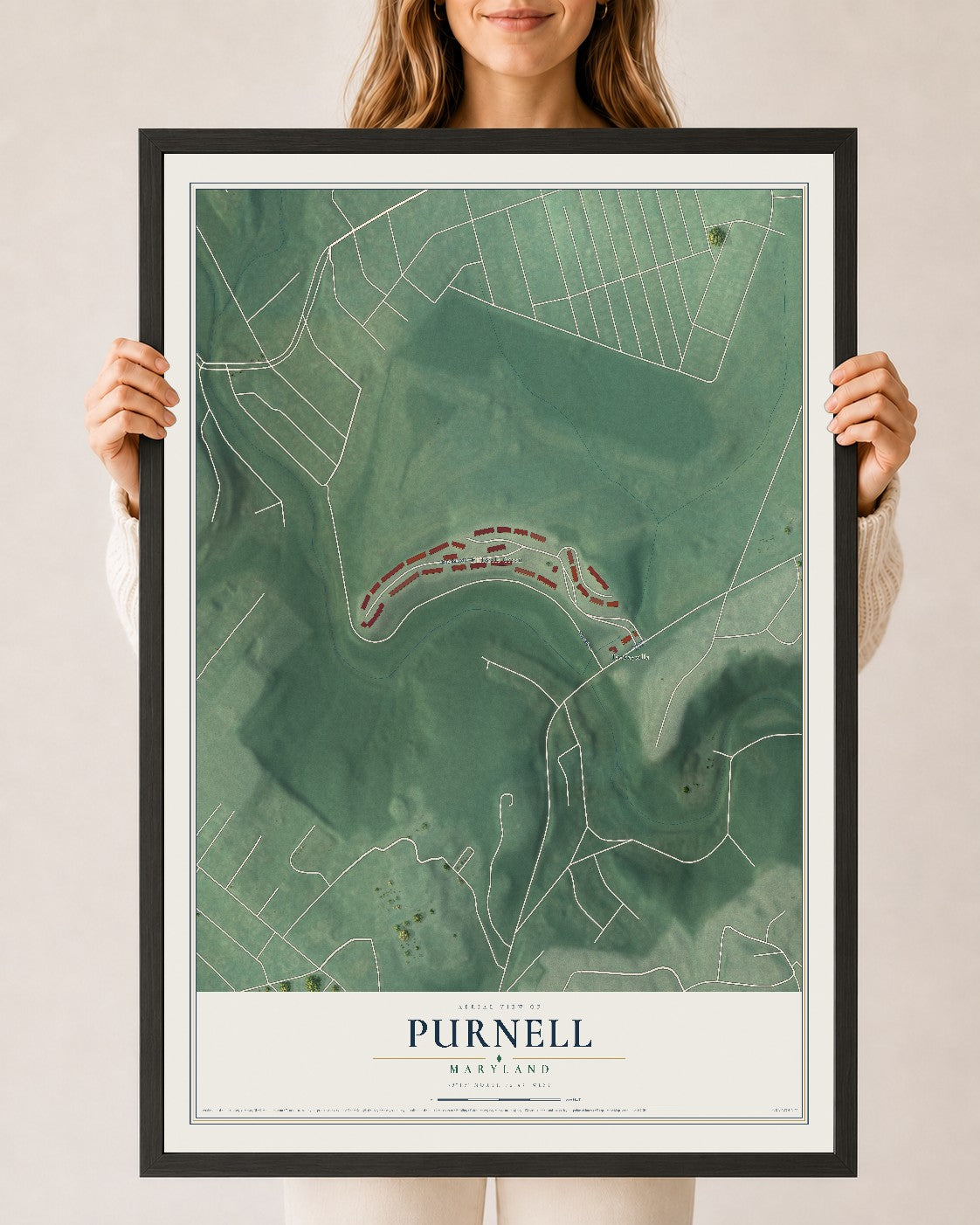Map of Purnell, Maryland, 24 x 36 inch print in a black wood frame