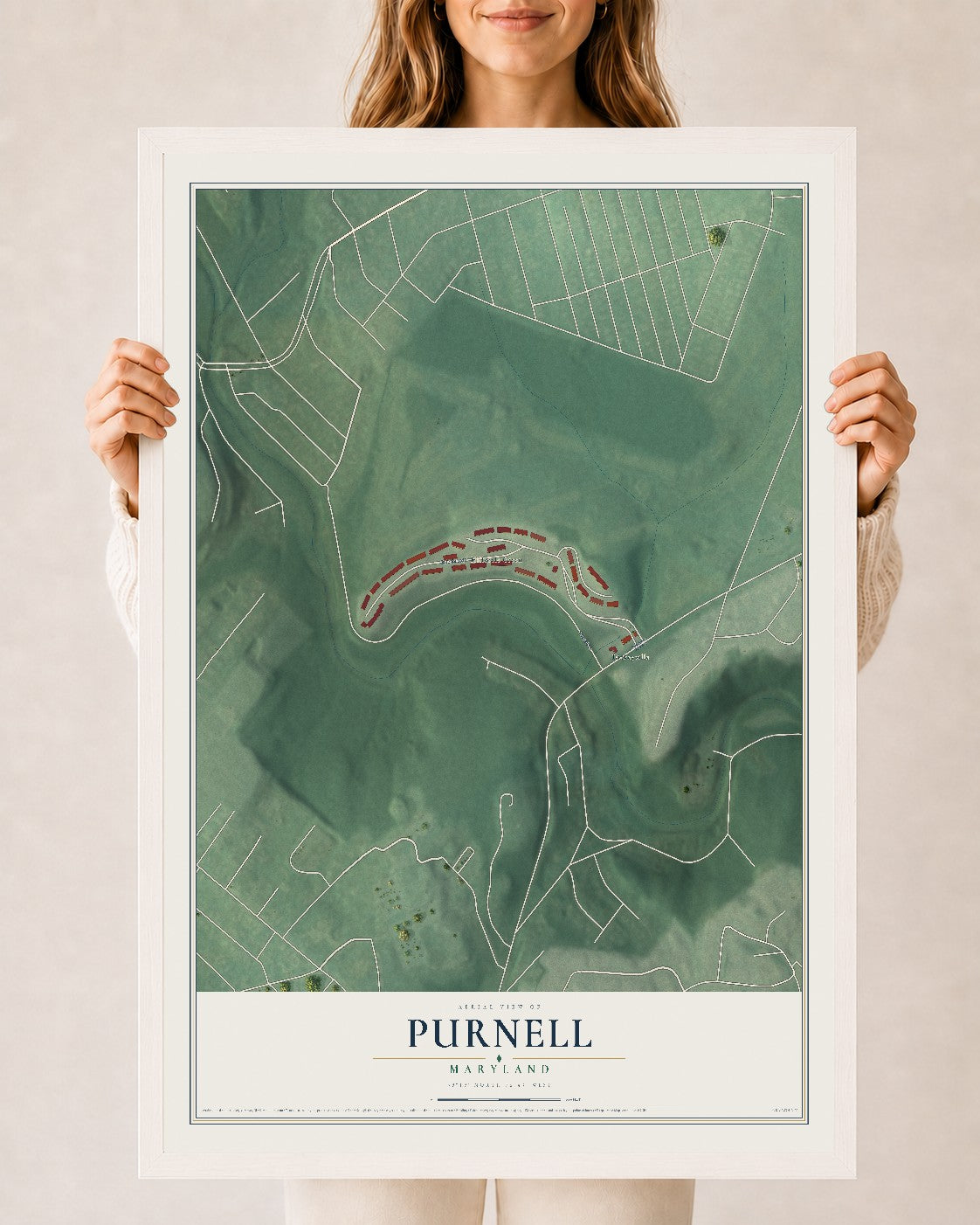 Map of Purnell, Maryland, 24 x 36 inch print in a white wood frame