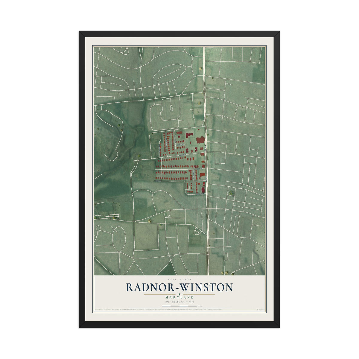 Map of Radnor-Winston, Maryland, 12 x 18 inch print in a black wood frame