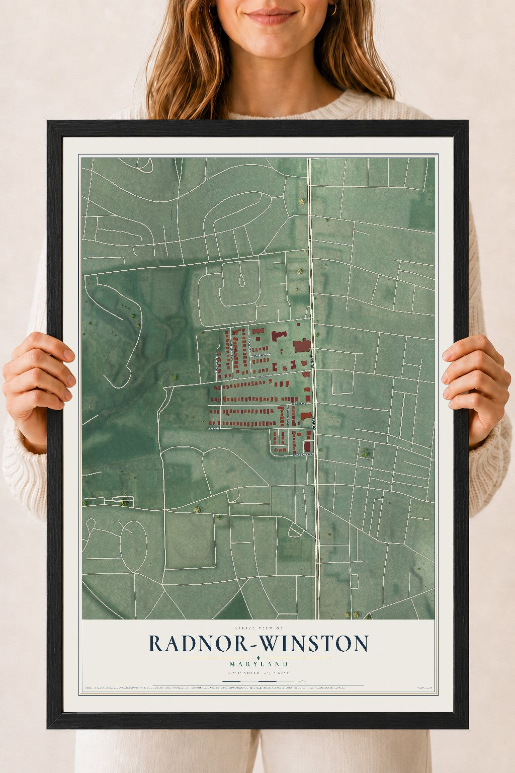 Map of Radnor-Winston, Maryland, 18 x 24 inch print in a black wood frame