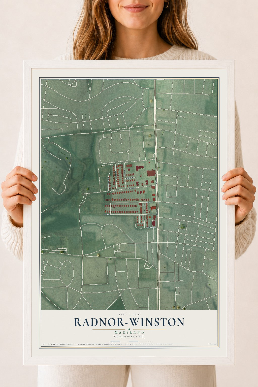 Map of Radnor-Winston, Maryland, 18 x 24 inch print in a white wood frame