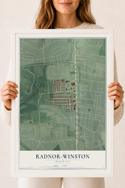 Map of Radnor-Winston, Maryland, 18 x 24 inch print in a white wood frame