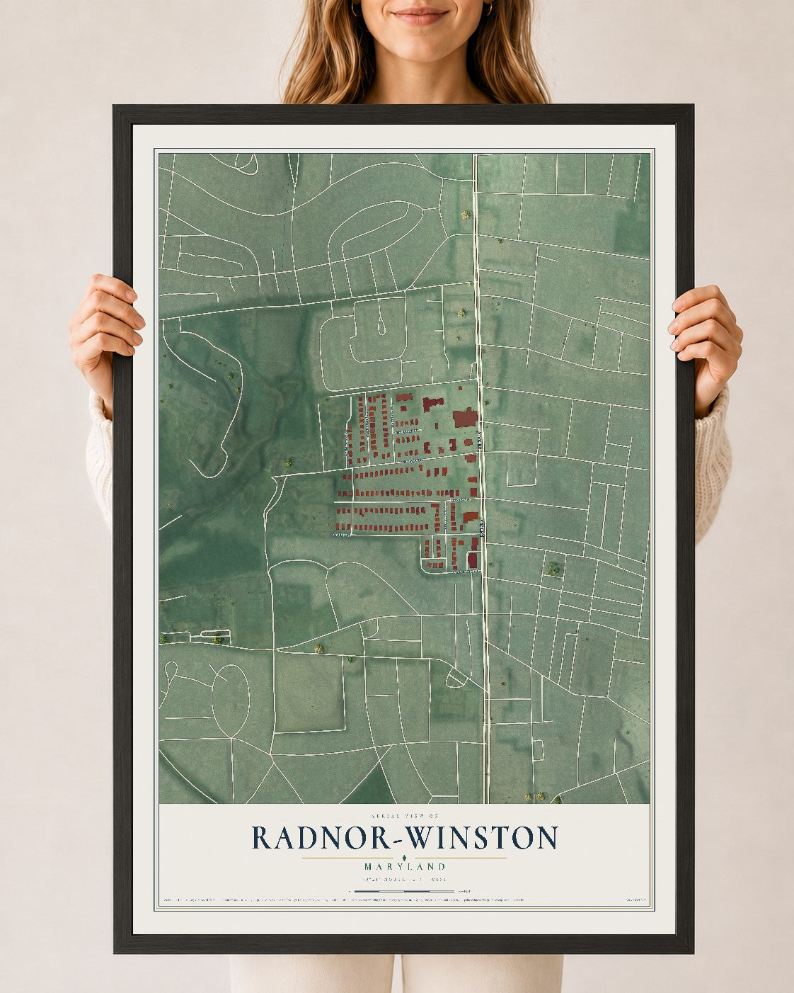 Map of Radnor-Winston, Maryland, 24 x 36 inch print in a black wood frame