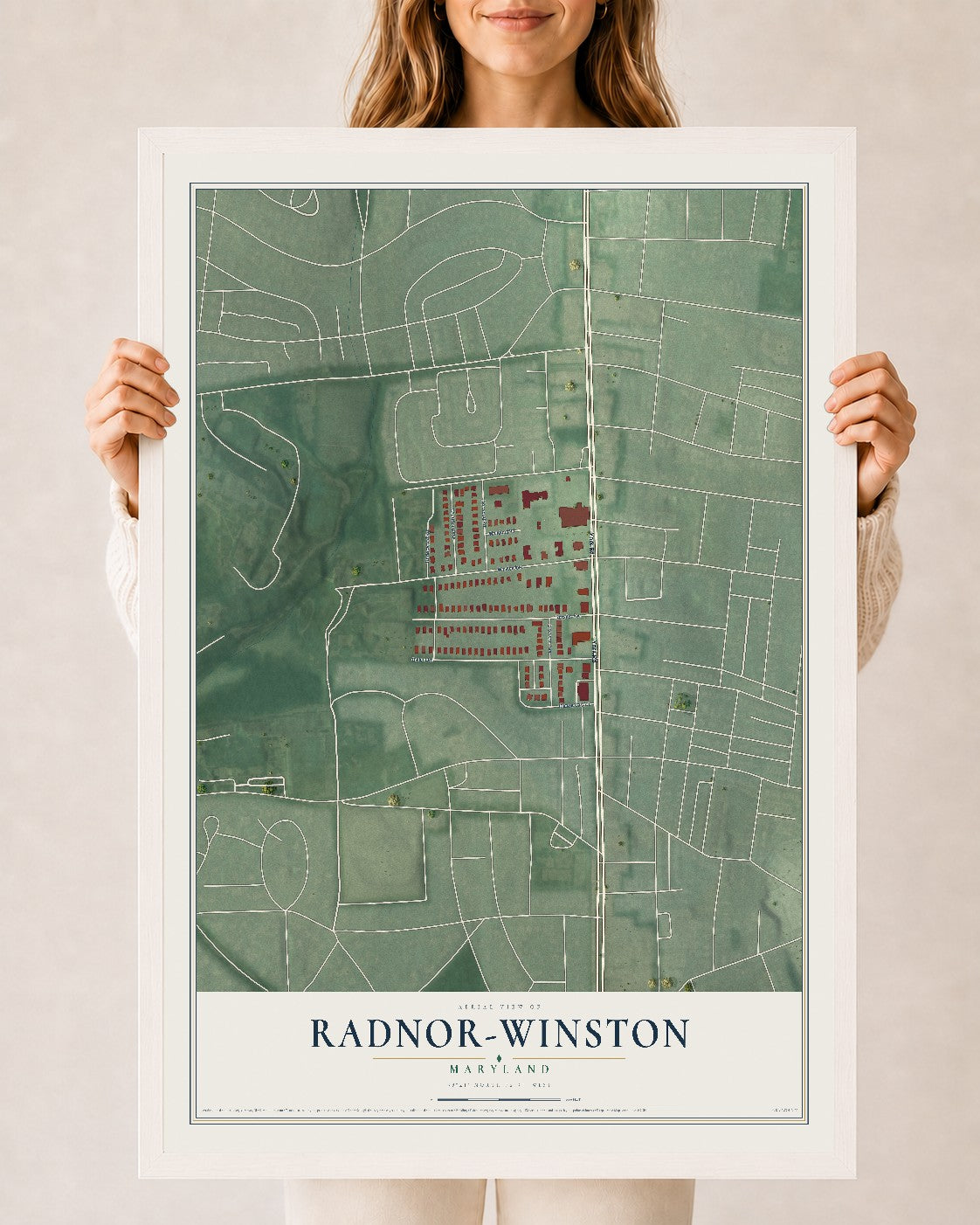 Map of Radnor-Winston, Maryland, 24 x 36 inch print in a white wood frame