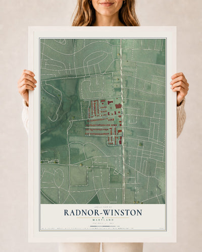 Map of Radnor-Winston, Maryland, 24 x 36 inch print in a white wood frame