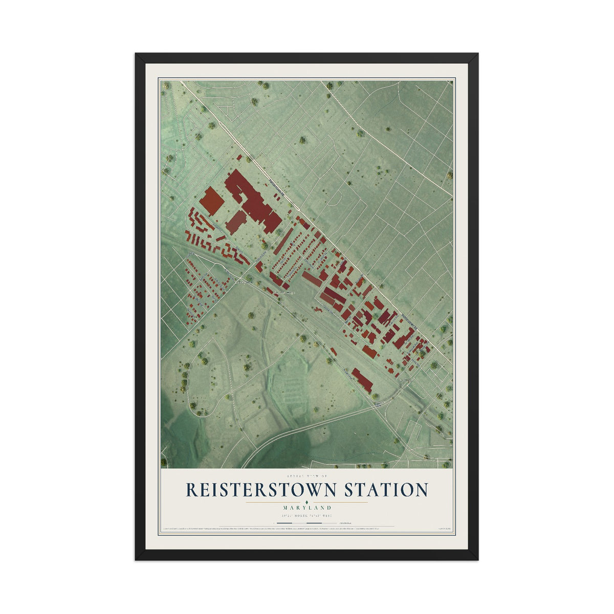 Map of Reisterstown Station, Maryland, 12 x 18 inch print in a black wood frame