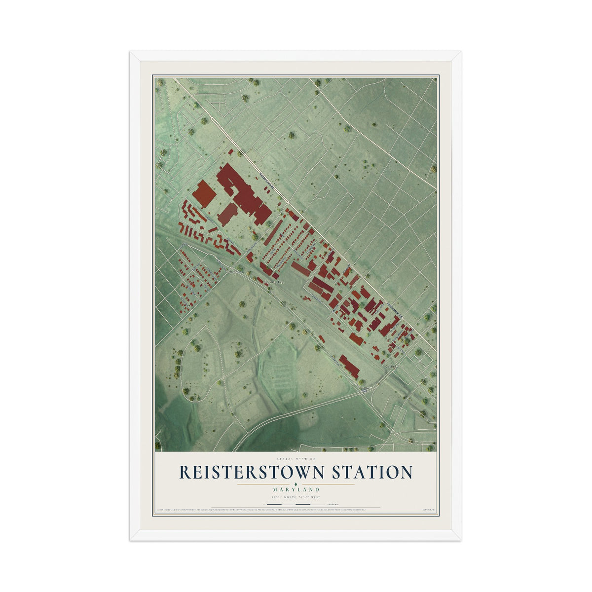 Map of Reisterstown Station, Maryland, 12 x 18 inch print in a white wood frame