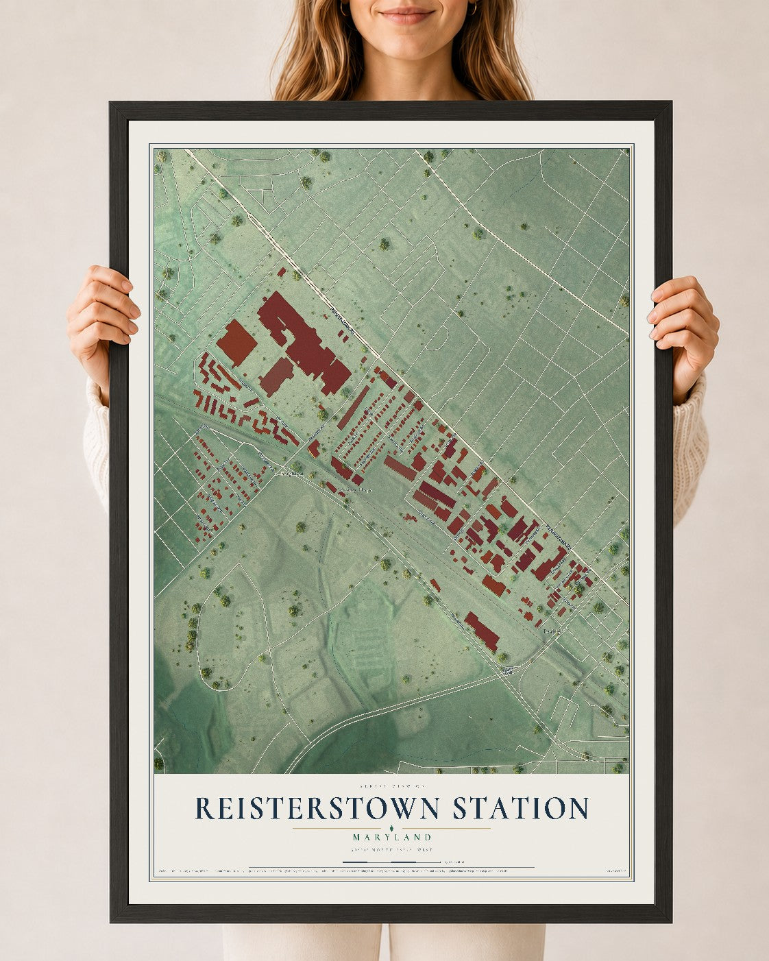 Map of Reisterstown Station, Maryland, 24 x 36 inch print in a black wood frame