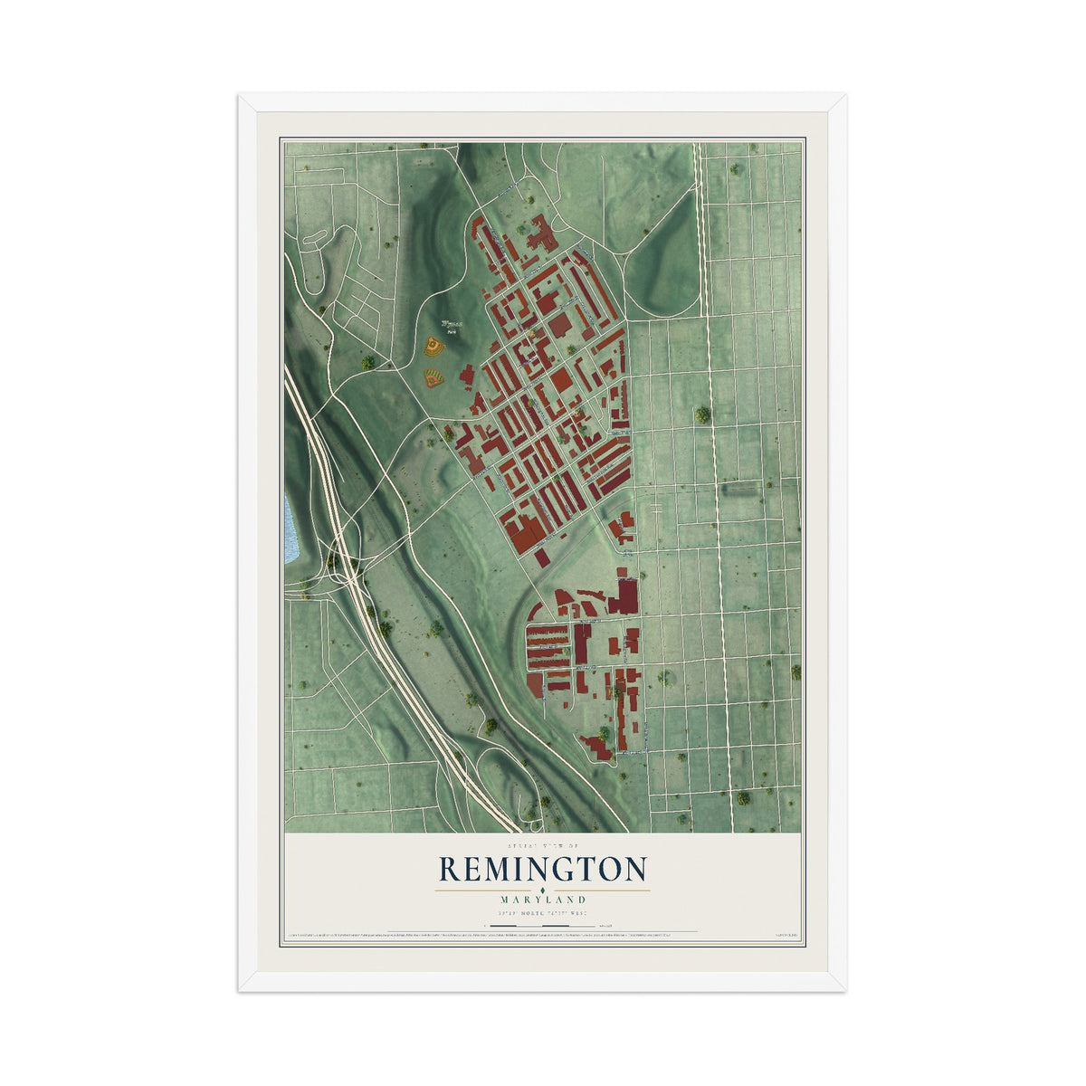 Map of Remington, Maryland, 12 x 18 inch print in a white wood frame
