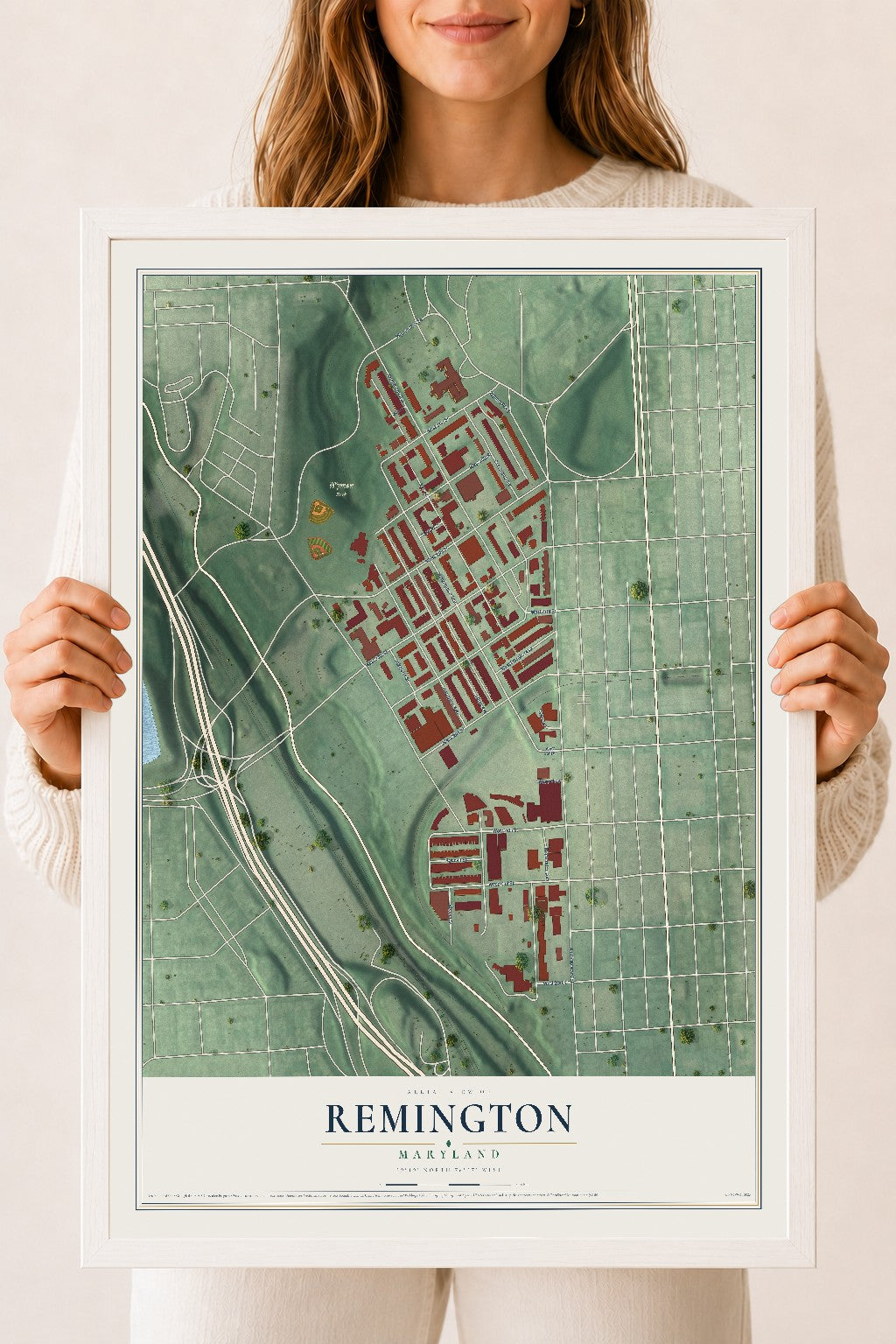 Map of Remington, Maryland, 18 x 24 inch print in a white wood frame