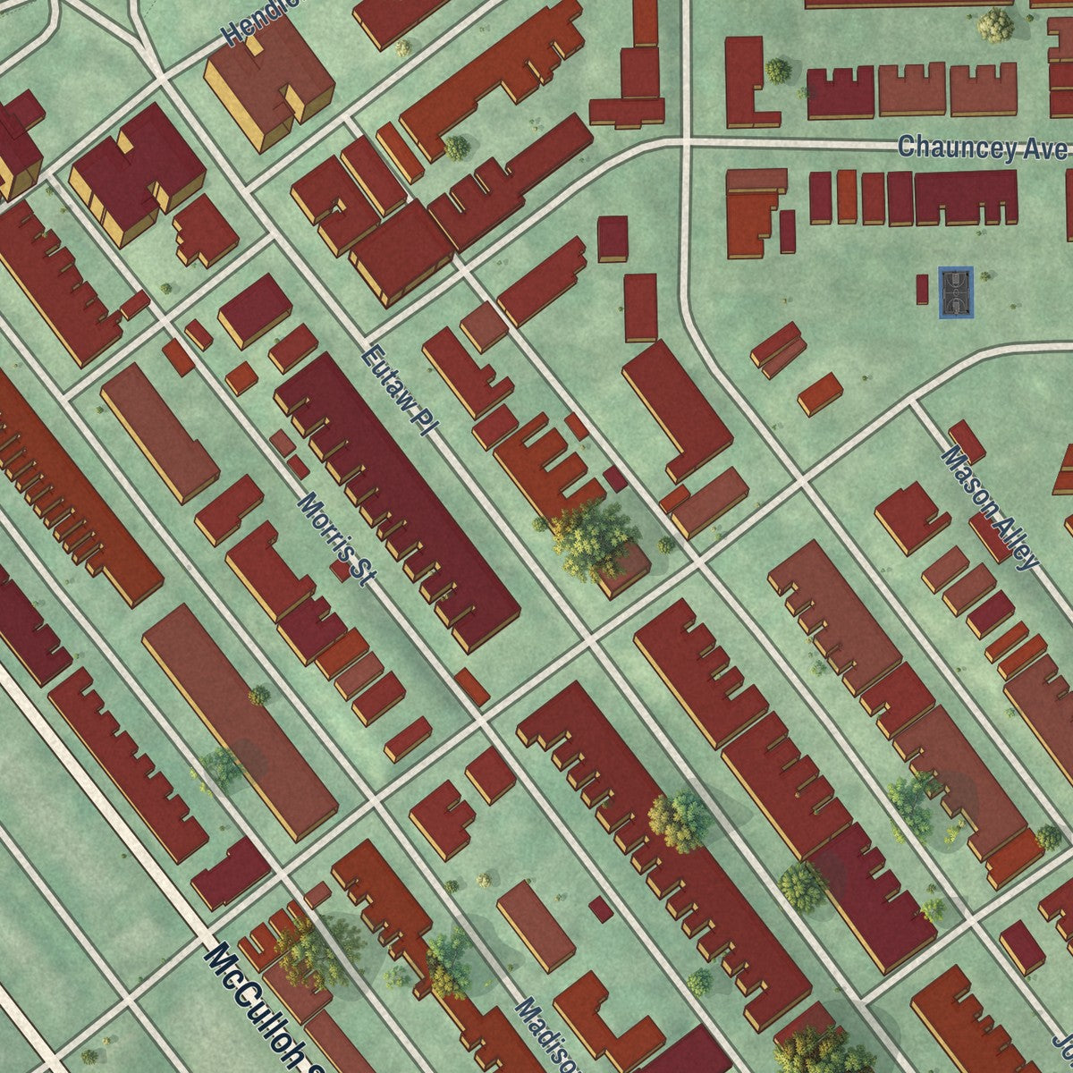 Close-up of the map of Reservoir Hill, Maryland print showing street and building detail
