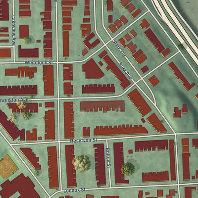 Second close-up of the map of Reservoir Hill, Maryland print showing more streets and buildings