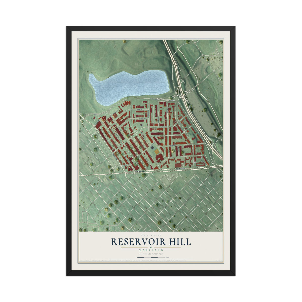 Map of Reservoir Hill, Maryland, 12 x 18 inch print in a black wood frame