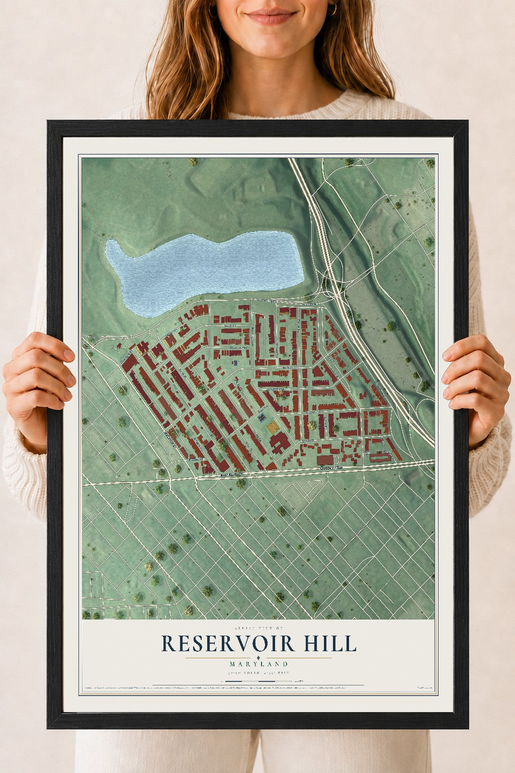 Map of Reservoir Hill, Maryland, 18 x 24 inch print in a black wood frame