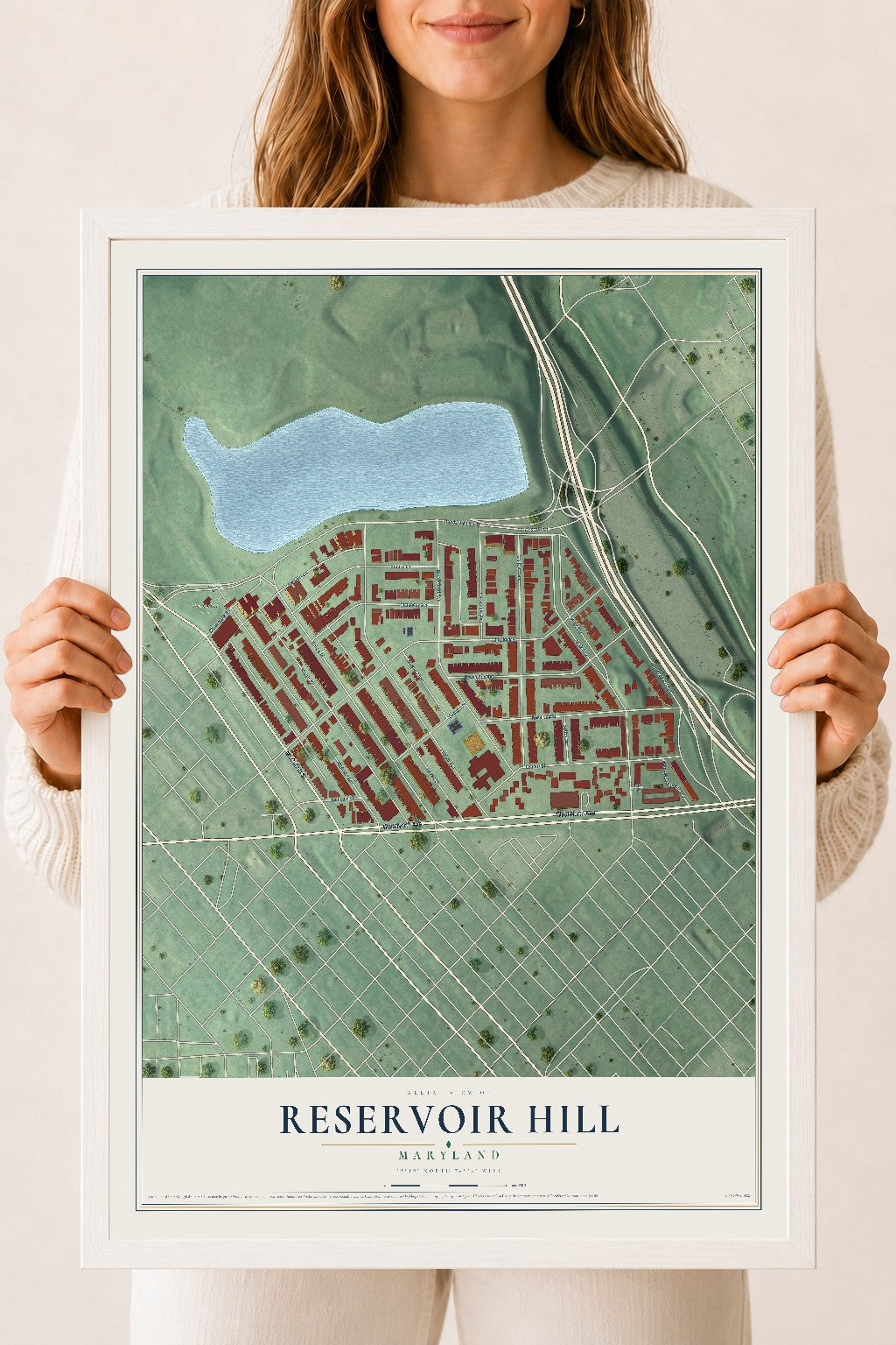 Map of Reservoir Hill, Maryland, 18 x 24 inch print in a white wood frame