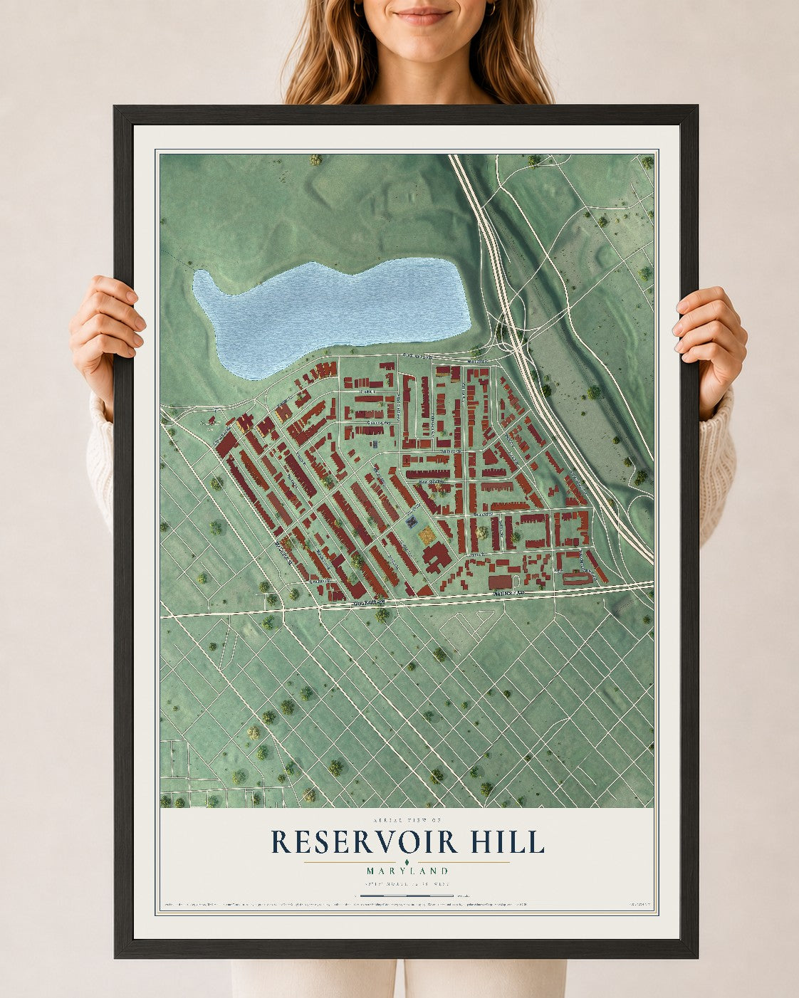 Map of Reservoir Hill, Maryland, 24 x 36 inch print in a black wood frame
