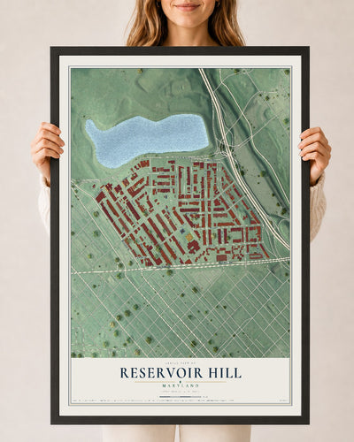 Map of Reservoir Hill, Maryland, 24 x 36 inch print in a black wood frame