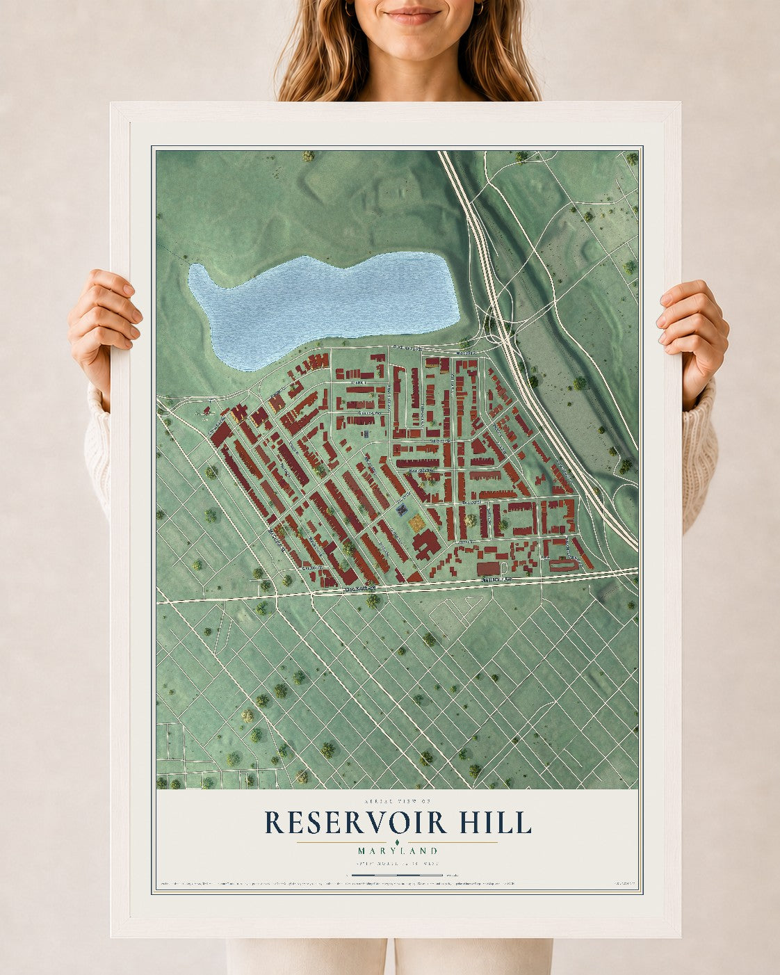 Map of Reservoir Hill, Maryland, 24 x 36 inch print in a white wood frame