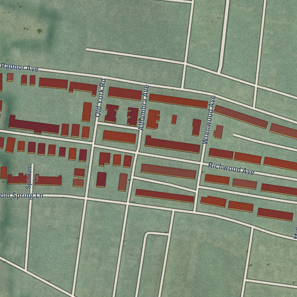 Close-up of the map of Richnor Springs, Maryland print showing street and building detail