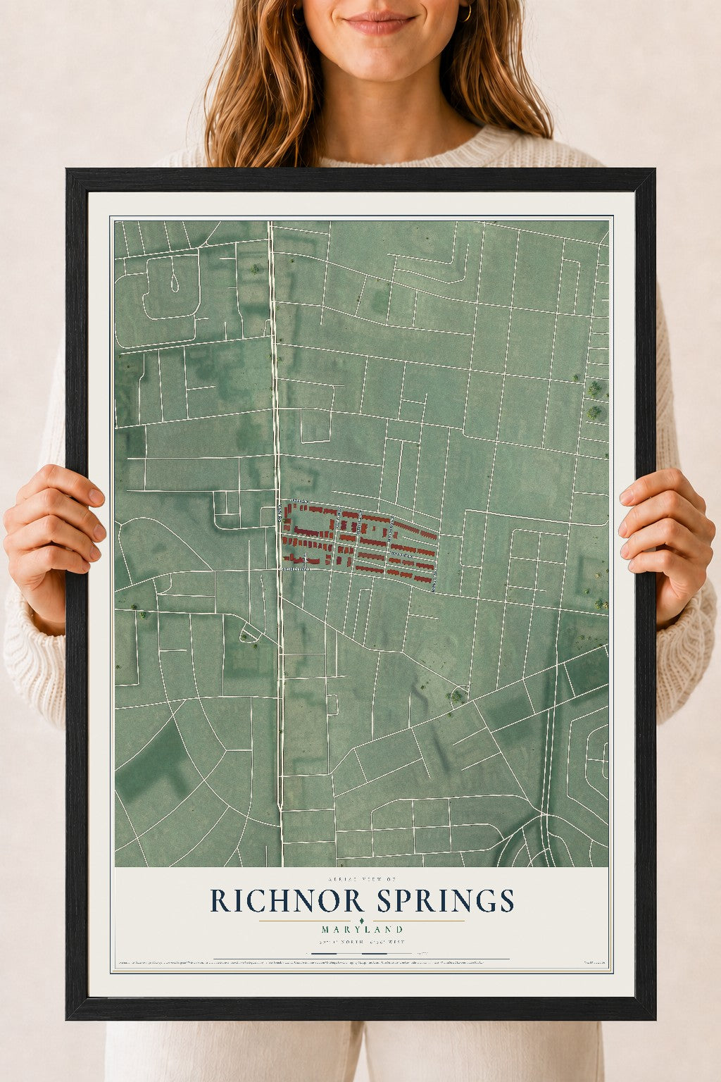 Map of Richnor Springs, Maryland, 18 x 24 inch print in a black wood frame