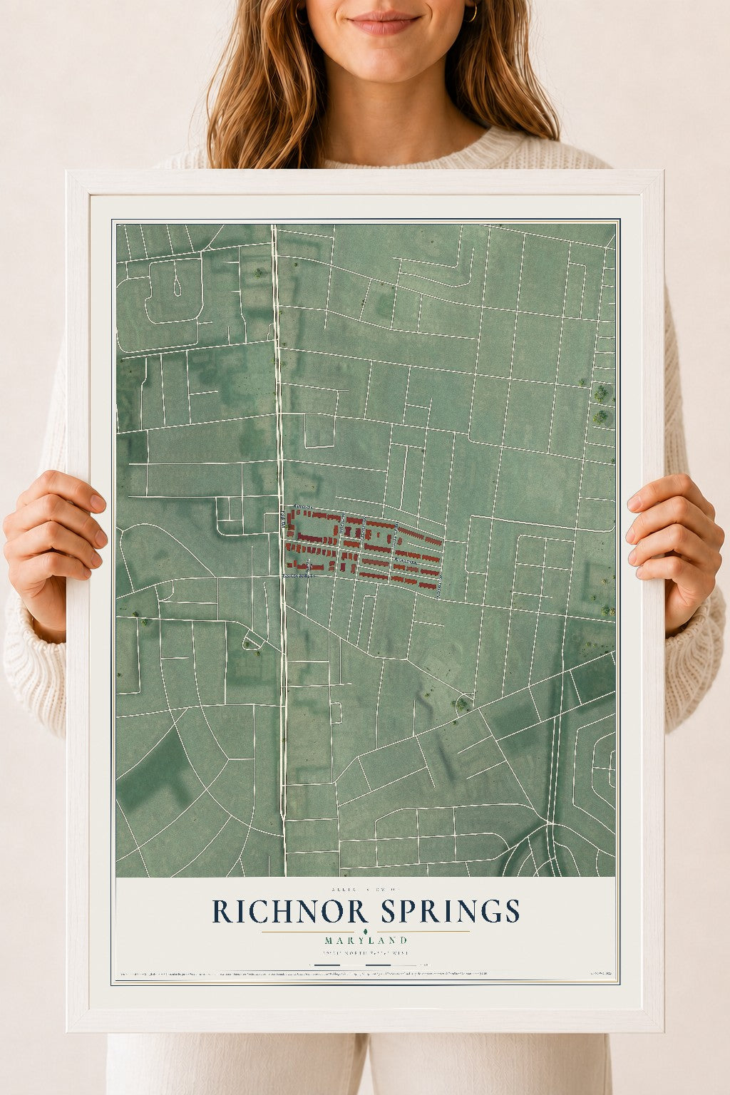 Map of Richnor Springs, Maryland, 18 x 24 inch print in a white wood frame