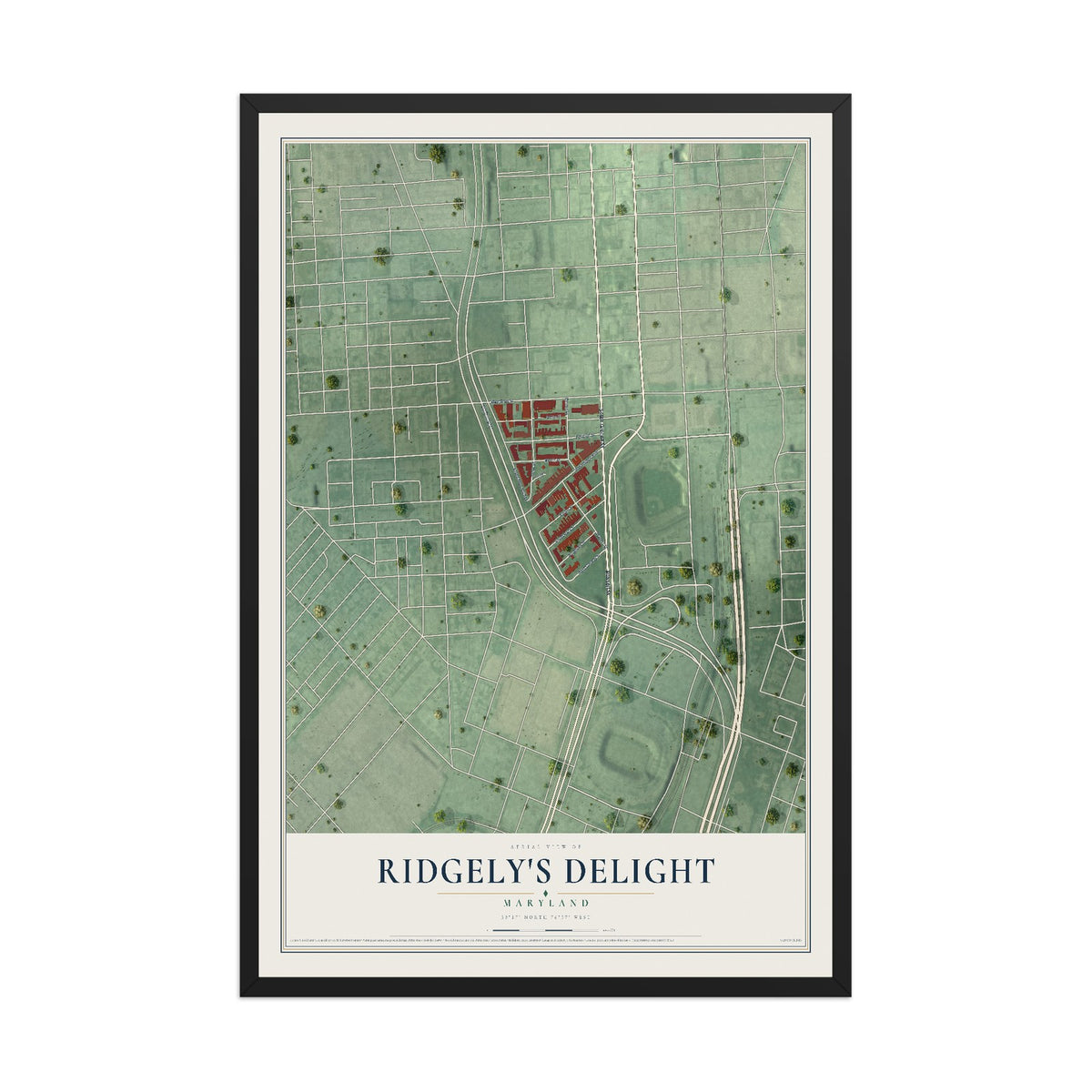 Map of Ridgely's Delight, Maryland, 12 x 18 inch print in a black wood frame