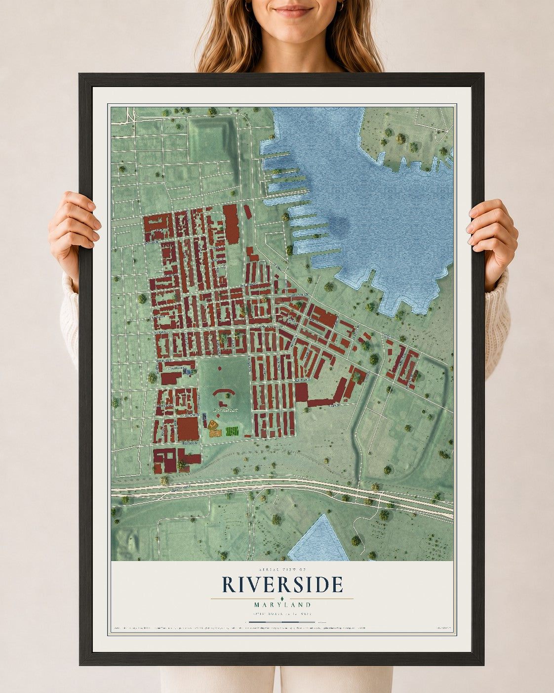 Map of Riverside, Maryland, 24 x 36 inch print in a black wood frame